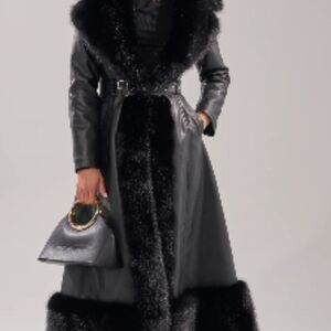 AKIRA Black Faux Fur Trim Trench Coat